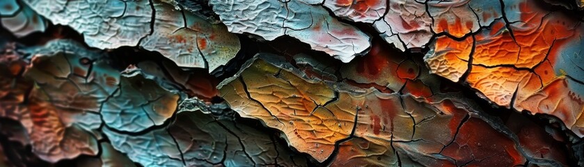 Fototapeta premium A closeup of an ancient trees bark, showing deep grooves and texture, natures history theme, side view, enduring strength, futuristic tone, vivid colors