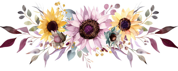 Obraz premium A cheerful watercolor clip art of a sunflower bouquet, with vibrant yellow petals and green leaves, transparent background