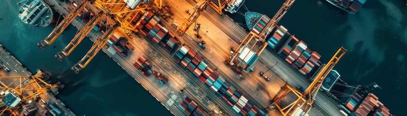 A birdseye view of a busy industrial port with cranes and containers, logistics theme, top view, organized chaos, futuristic tone, colored pastel