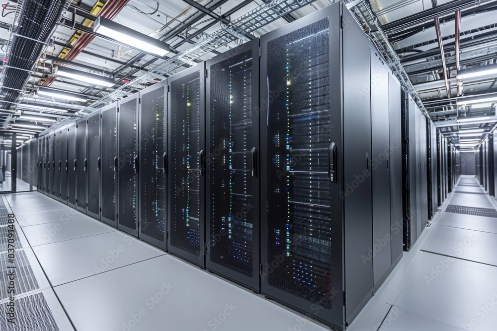Poster racks with servers of a data center