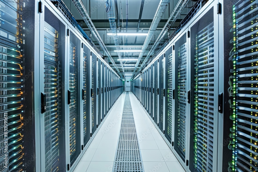 Poster racks with servers of a data center
