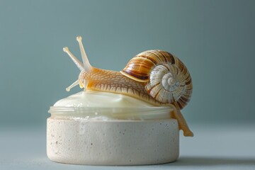 snail sliding on white jar with cosmetic cream with snail mucin