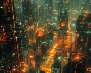 A complex digital network of androids in a high-tech urban setting, linked by glowing data circuits