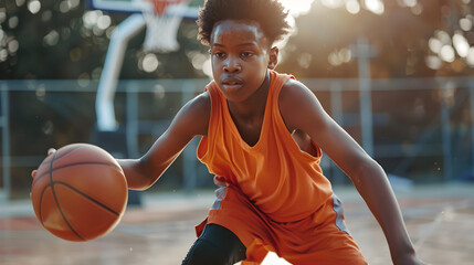 Naklejka premium A dark-skinned teenager masterfully plays basketball. Sportsman dribbling a basketball on a training block