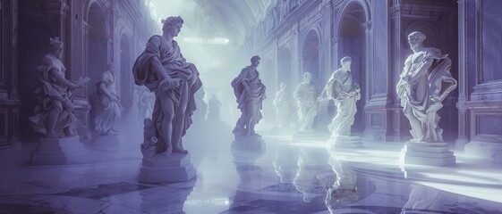 Ethereal ancient statues in a misty grand hall, beautifully lit by sunrays creating an enchanting, timeless atmosphere.