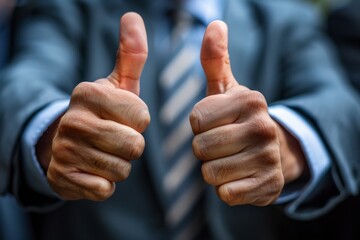 man in a business jacket shows a thumbs up gesture, success concept