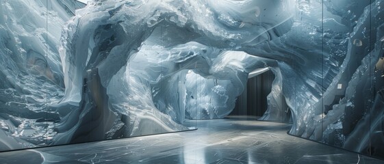A stunning ice cave with smooth, reflective floor and intricate icicle formations. The cavern glows with a soft, ethereal light. Winter wonderland.