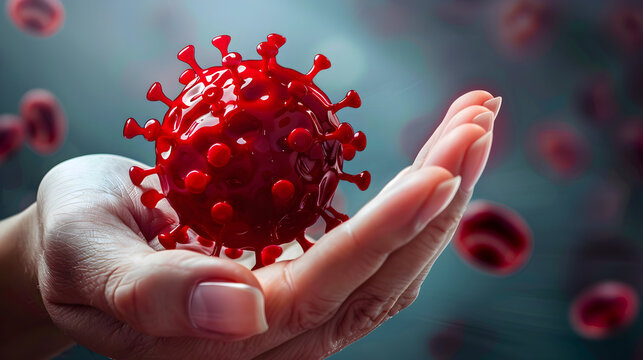 Close-up, red hepatitis virus in a woman's hand on a blurred background of red blood cells.  July 28 is World Hepatitis Day.  Awareness of the prevention and treatment of viral hepatitis which causes 