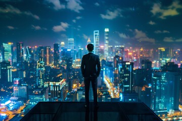 Fototapeta premium Visionary Business Leader Overlooking a Modern Cityscape. Corporate Leader with Metropolitan Backdrop.