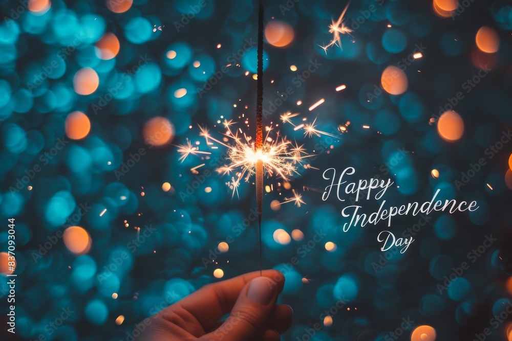 Poster a hand holding a sparkler with bokeh lights in the background and 'happy independence day' text, cel