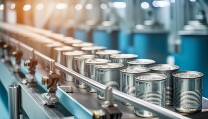 Fototapeta premium Row of canned goods in a clean, bright canning factory