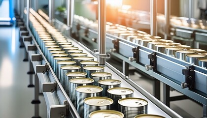 Obraz premium Row of canned goods in a clean, bright canning factory