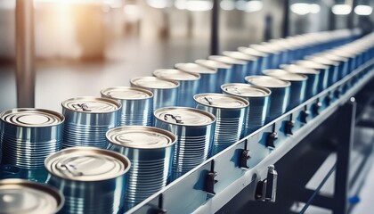 Obraz premium Row of canned goods in a clean, bright canning factory