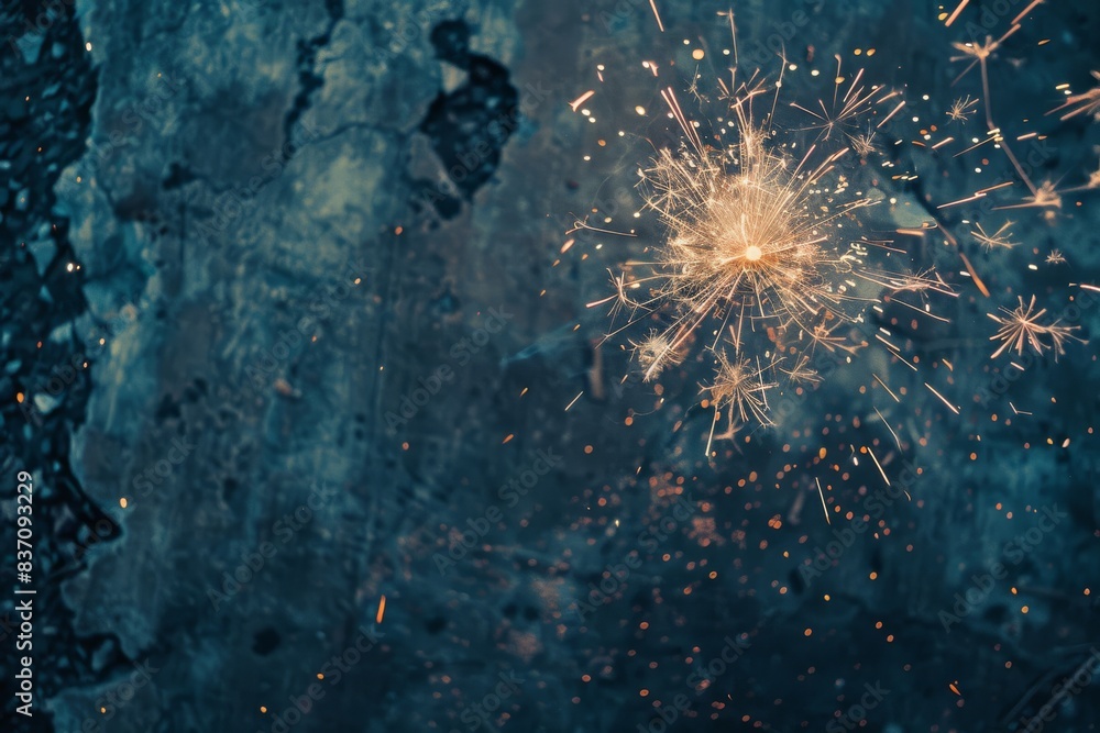 Poster close-up of a single sparkler emitting bright sparks against a dark, textured background, creating a