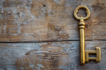Close-up of an antique golden key on rustic wooden background. Perfect for vintage, security, and historical-themed designs.