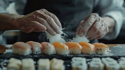 A closeup of a chef preparing sushi with precision, Japanese food culture theme, front view, delicate artistry, technology tone, monochromatic color scheme