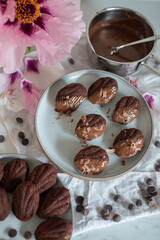 Madeleine with chocolate. Traditional French small cakes 