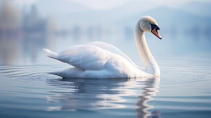 Fototapeta premium Elegant swan on calm lake, smooth glide, symmetrical reflection, meditative ambience.