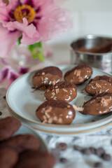 Madeleine with chocolate. Traditional French small cakes 