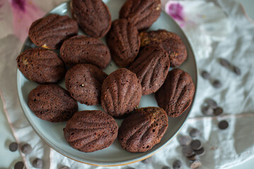 Madeleine with chocolate. Traditional French small cakes 