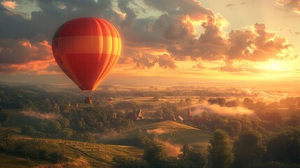 Obraz premium Graceful Hot Air Balloon Drifting Over Picturesque Landscape at Dawn with Soft Warm Light. Magical Moment Captured in Serene and Tranquil Atmosphere, Perfect for Adventure and Travel Enthusiasts.