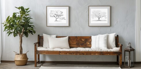 A Rustic Wooden Bench with White Pillows Against the Wall, Framed Art Prints Hanging Above, Creating an Elegant and Cozy Entryway Decor  Sketches in  Frames Adding Depth, 