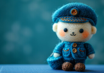 Felt cute Kawaii white bear as a postal mail worker. Blue background with copy space.