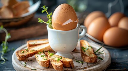 A closeup of a boiled egg in an egg cup with toast soldiers, classic breakfast theme, front view, simple and inviting, technology tone, monochromatic color scheme