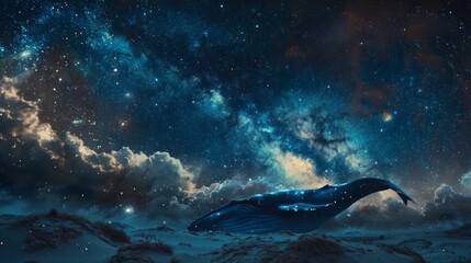 Fototapeta premium big glowing whale swimming in the night sky in Milky Way.