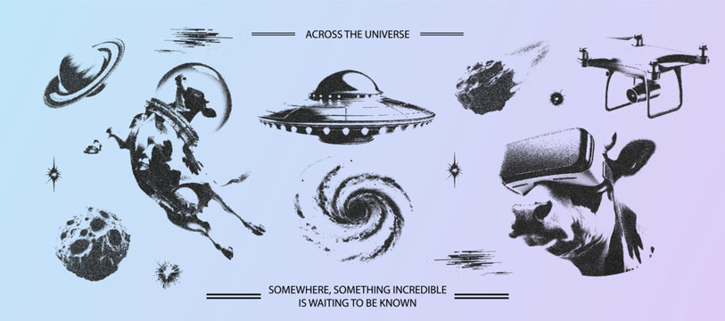 Trendy grunge texture cosmo universe set with a flying cow astronaut, cow in vr glasses. Dotted stipplism photocopy texture. Y2k vintage elements for design , meteor, galactic, planet