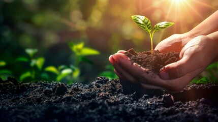 Hands protectively cupping a young plant, bathed in tranquil light, symbolize nurturing and an exclusive agricultural concept in fertile ground.