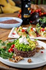edmame salad and brown rice and garlic bread
