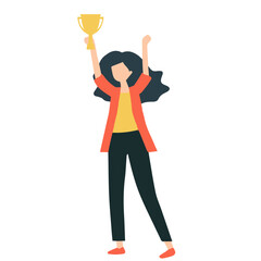 The winning woman holds the first prize cup in her hands. Concept of success and business achievements.