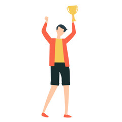 The winning man holds the first prize cup in his hands. Concept of success and business achievements.