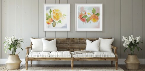 A Rustic Wooden Bench with White Pillows Against the Wall, Framed Art Prints Hanging Above, Creating an Elegant and Cozy Entryway Decor  Sketches in  Frames Adding Depth, 