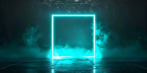 abstract lanterns illuminated with neon turquoise light square on dark. Concept Neon Lanterns, Abstract Illumination, Turquoise Glow, Dark Setting