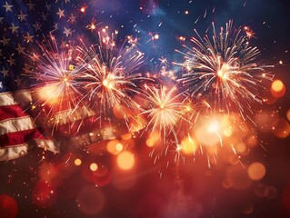 Fototapeta premium Bright, AIgenerated fireworks exploding against a backdrop of the American flag Independence Day celebration