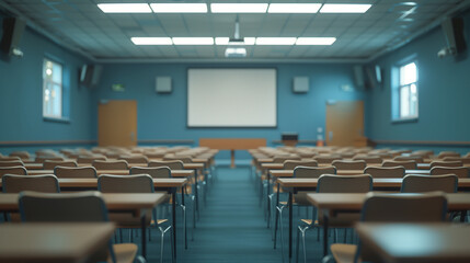 Empty defocused university classroom. Blurred school classroom without students with empty chairs and tables. 