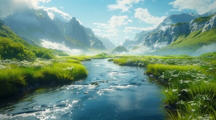 Fototapeta premium A tranquil mountain scene with a clear river flowing through a lush green valley, under a bright morning sky