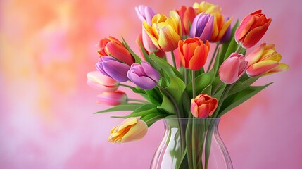 Obraz premium A vibrant bouquet of multicolored tulips in a clear glass vase against a dreamy, colorful background, bringing a touch of spring indoors.