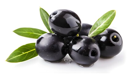 Black olives with green leaves on white background stock photo. High-quality image suitable for recipes or healthy lifestyle content. Fresh and organic aesthetics. AI
