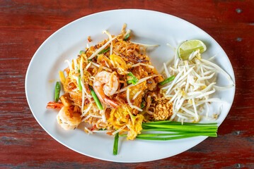 Pad Thai stir fried rice noodles with shrimp, Thai style noodles food, pad Thai.
