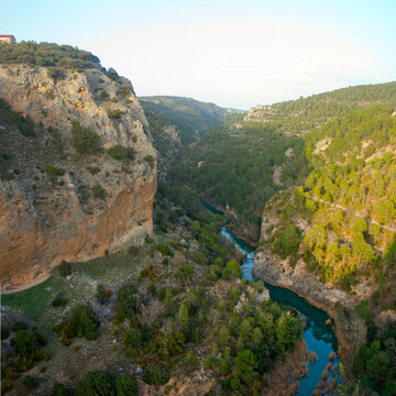 El ventano site near of famous limestone enchanted city of Cuenca on a sunny day at sunset
