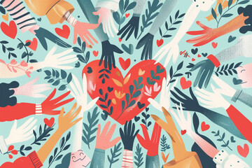 Charity illustration concept with abstract, diverse persons, hands and hearts Community compassion, love, and support towards those in need