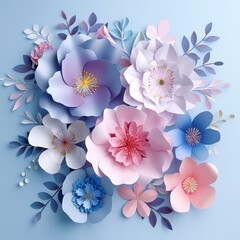 Beautiful paper flower arrangement in pastel colors on a light blue background, showcasing intricate craftsmanship and delicate details.