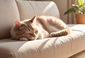 A fluffy cat sleeping peacefully on a couch, curled up in a comfortable position - Powered by Adobe