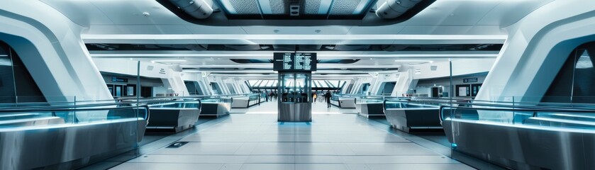 Obraz premium A modern airport checkin area with sleek design, futuristic theme, top view, efficiency in motion, advanced tone, monochromatic color scheme