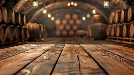 Obraz premium Rustic wine cellar interior with wooden barrels. Cozy and warm atmosphere. Perfect for wine lovers and home decor ideas. Detailed wood texture. AI