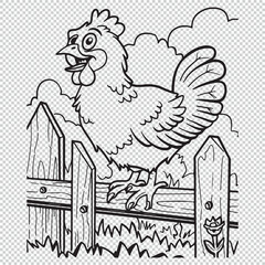 Cute happy chicken on a fence, black vector illustration on transparent background