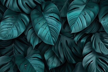 Fototapeta premium Close-up of tropical leaves with a dark green hue and water droplets. Ideal for nature backgrounds, botanical themes, and wellness imagery.